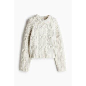 NWT H&M Ivory White Poly Wool Blend Chunky Cable Knit Crew Neck Sweater, Size M